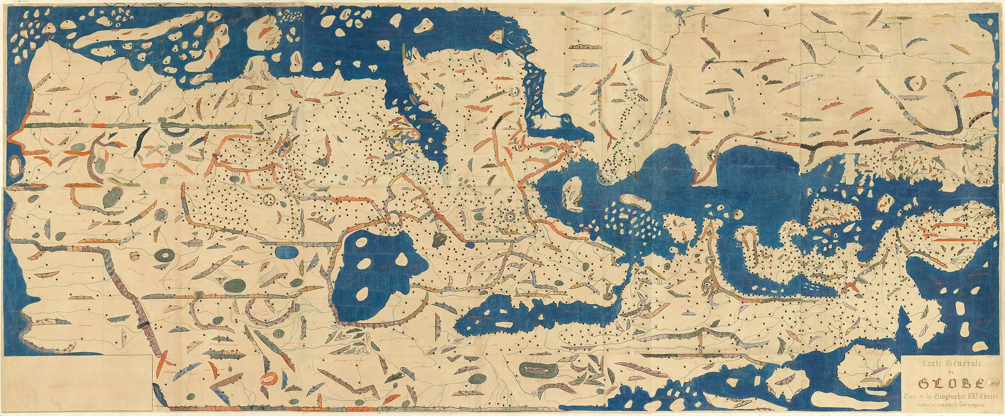A wide oblong manuscript world map on aged cream paper, visibly laid in sections with faint seams. Land is left the colour of the paper and carried by fine red and brown chains of hills, small circles for towns and thin river lines; the seas are filled with flat deep blue, a long band running across the centre and breaking into scattered islands at the right. A hand-lettered French cartouche sits in the lower right.